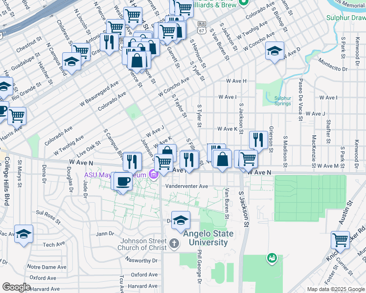 map of restaurants, bars, coffee shops, grocery stores, and more near 2213 West Avenue L in San Angelo