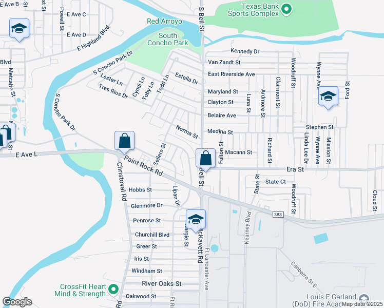 map of restaurants, bars, coffee shops, grocery stores, and more near 201-281 La Salle Drive in San Angelo
