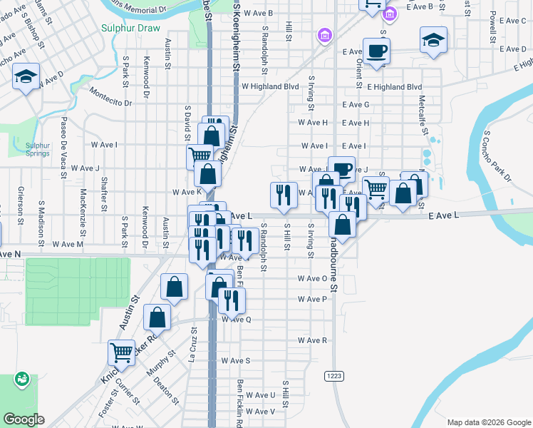 map of restaurants, bars, coffee shops, grocery stores, and more near 1698 South Randolph Street in San Angelo