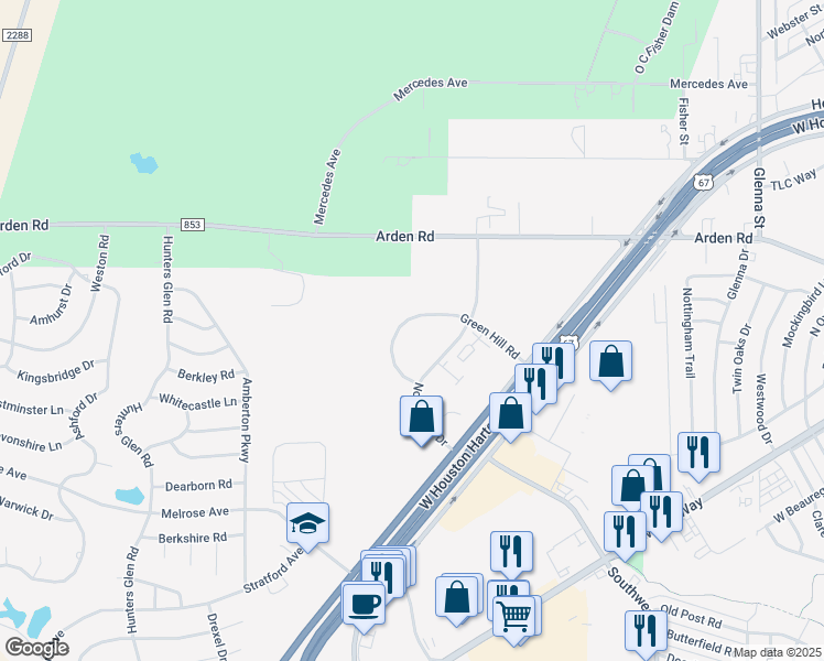map of restaurants, bars, coffee shops, grocery stores, and more near 5751 Green Hill Road in San Angelo