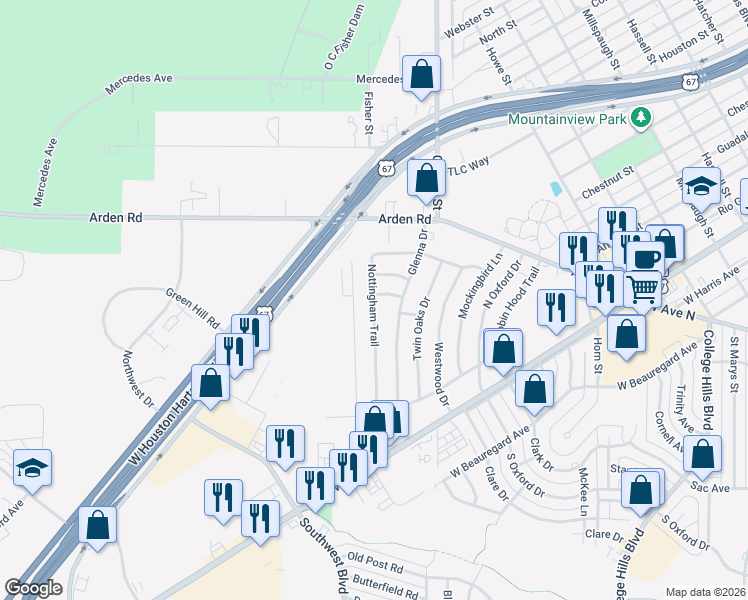 map of restaurants, bars, coffee shops, grocery stores, and more near 299 Nottingham Rd in San Angelo