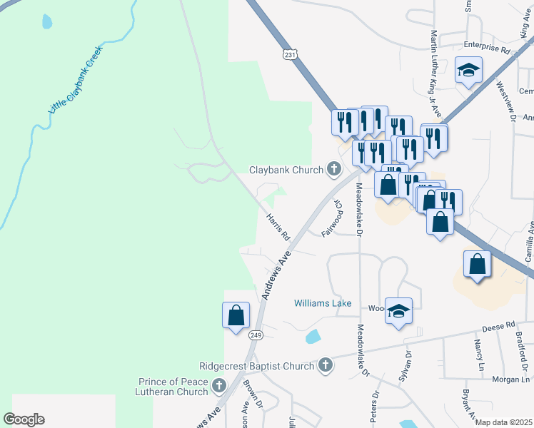 map of restaurants, bars, coffee shops, grocery stores, and more near 1211 Harris Road in Ozark