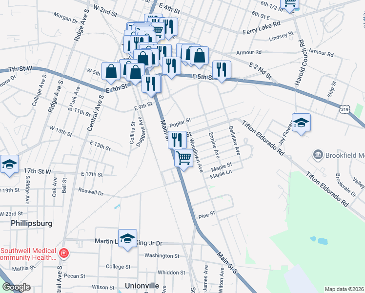 map of restaurants, bars, coffee shops, grocery stores, and more near 109 Elm Street in Tifton