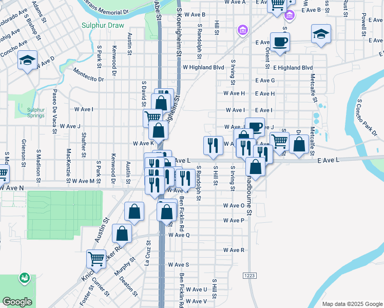 map of restaurants, bars, coffee shops, grocery stores, and more near 234 West Avenue L in San Angelo