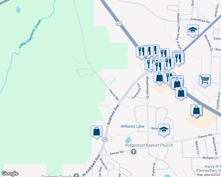 map of restaurants, bars, coffee shops, grocery stores, and more near 1211 Harris Road in Ozark