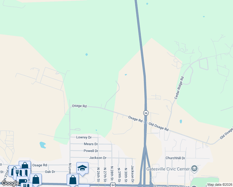 map of restaurants, bars, coffee shops, grocery stores, and more near 2911 Osage Road in Gatesville