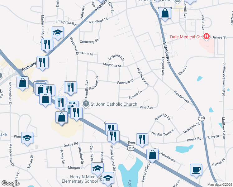 map of restaurants, bars, coffee shops, grocery stores, and more near 759 Pine Avenue in Ozark