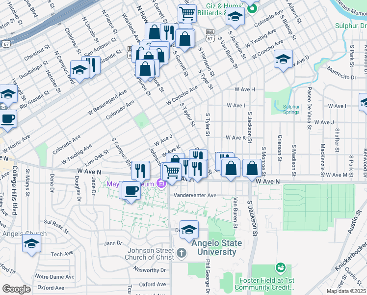 map of restaurants, bars, coffee shops, grocery stores, and more near 2221 West Avenue K in San Angelo