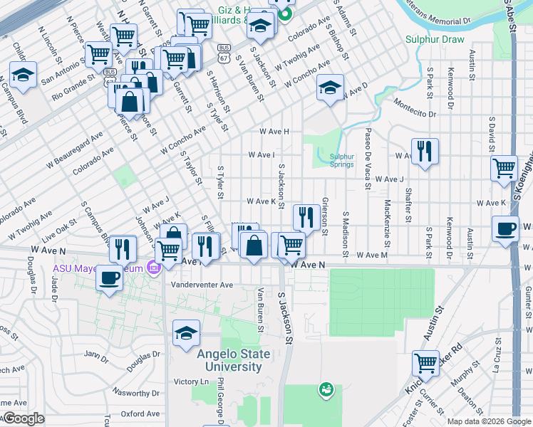 map of restaurants, bars, coffee shops, grocery stores, and more near 1707 West Avenue K in San Angelo