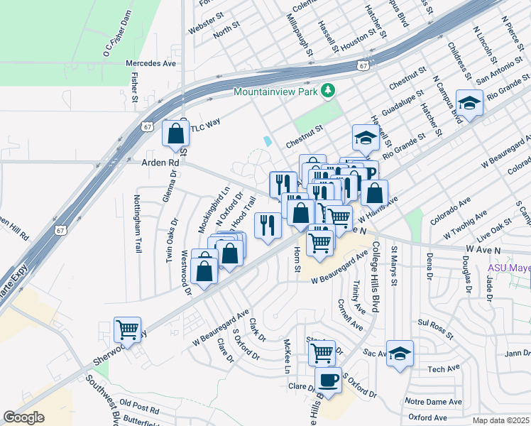 map of restaurants, bars, coffee shops, grocery stores, and more near 3433 Arden Road in San Angelo