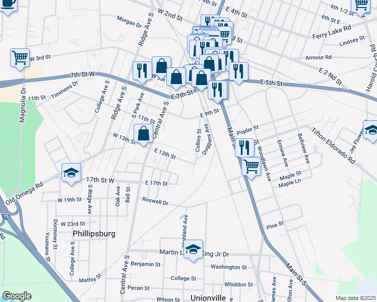 map of restaurants, bars, coffee shops, grocery stores, and more near 730 Collins Avenue in Tifton