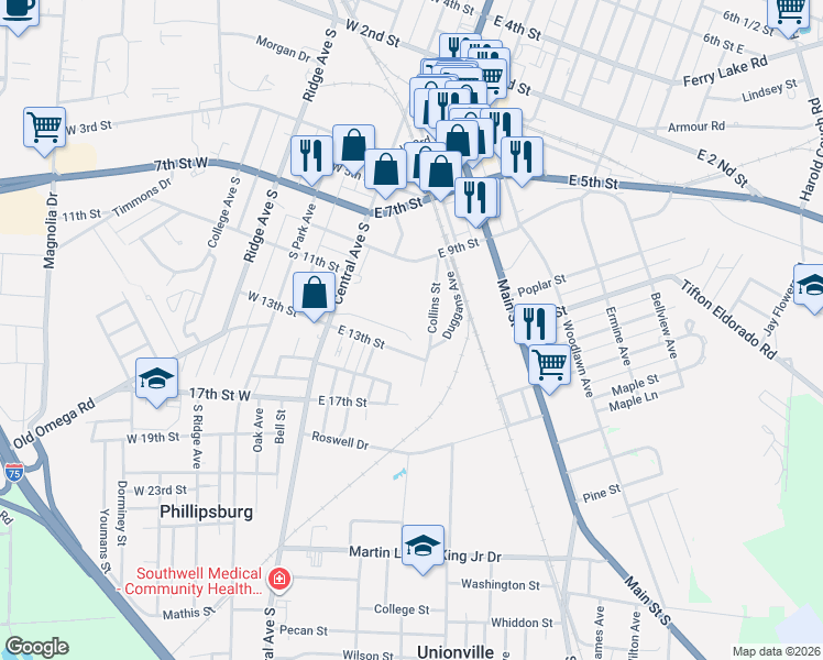 map of restaurants, bars, coffee shops, grocery stores, and more near 730 Collins Avenue in Tifton
