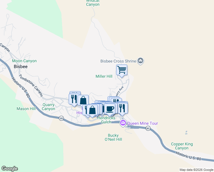 map of restaurants, bars, coffee shops, grocery stores, and more near 200 Opera Drive in Bisbee