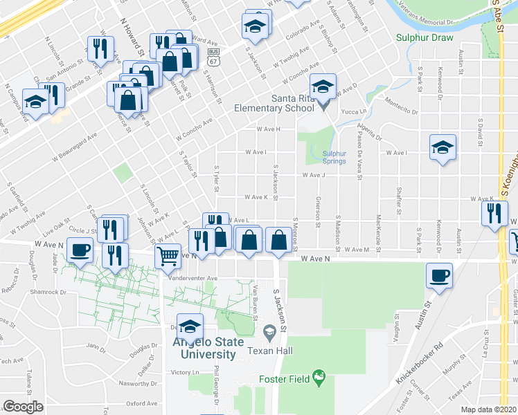 map of restaurants, bars, coffee shops, grocery stores, and more near 1516 South Van Buren Street in San Angelo