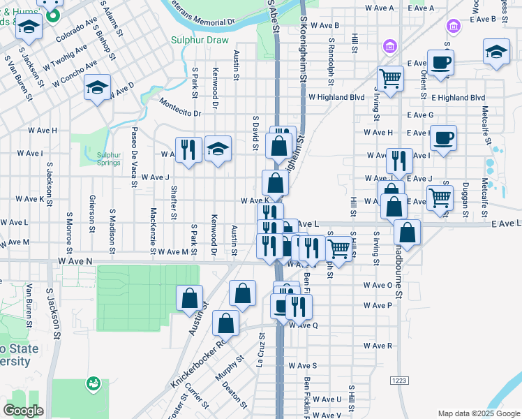 map of restaurants, bars, coffee shops, grocery stores, and more near 501-599 West Ave K in San Angelo