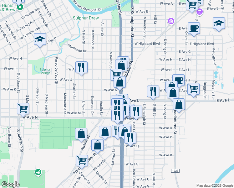 map of restaurants, bars, coffee shops, grocery stores, and more near 501-599 West Ave K in San Angelo