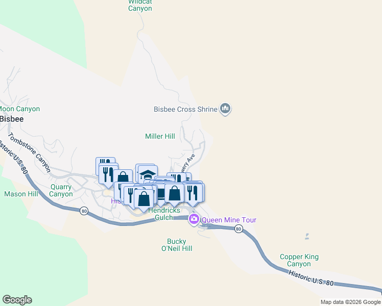 map of restaurants, bars, coffee shops, grocery stores, and more near 216 C Miller Hill in Bisbee