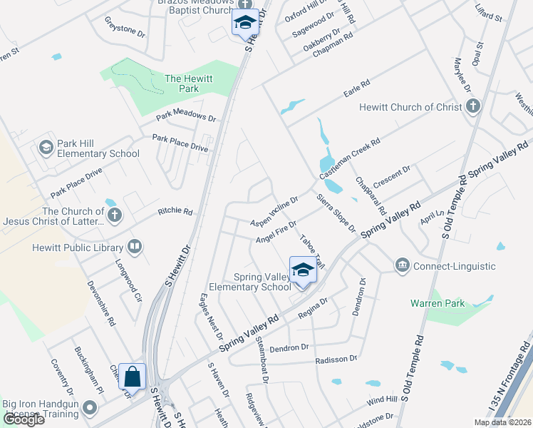 map of restaurants, bars, coffee shops, grocery stores, and more near 602 Aspen Incline Drive in Hewitt