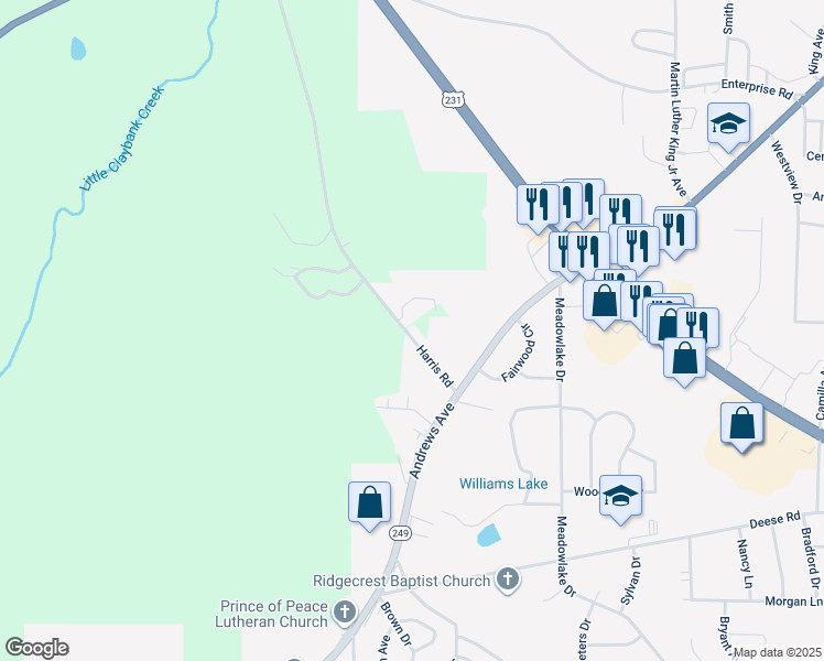 map of restaurants, bars, coffee shops, grocery stores, and more near 1211 Harris Road in Ozark