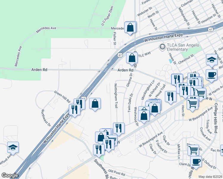 map of restaurants, bars, coffee shops, grocery stores, and more near 300-348 Nottingham Drive in San Angelo