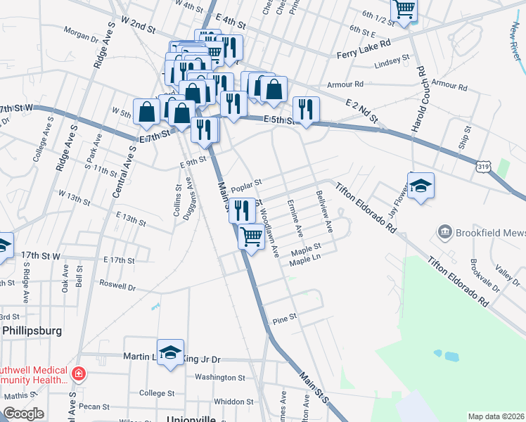 map of restaurants, bars, coffee shops, grocery stores, and more near 199 Elm Lane in Tifton