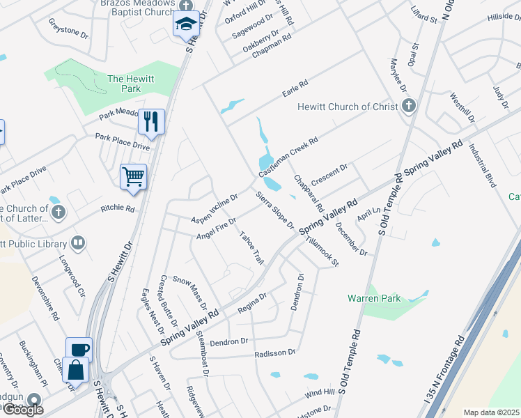 map of restaurants, bars, coffee shops, grocery stores, and more near 505 Angel Fire Drive in Hewitt