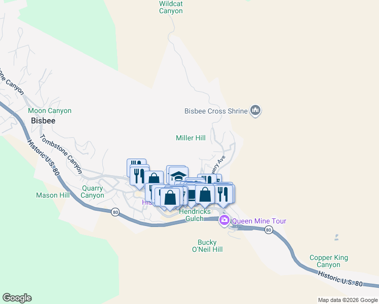 map of restaurants, bars, coffee shops, grocery stores, and more near 200 Opera Drive in Bisbee