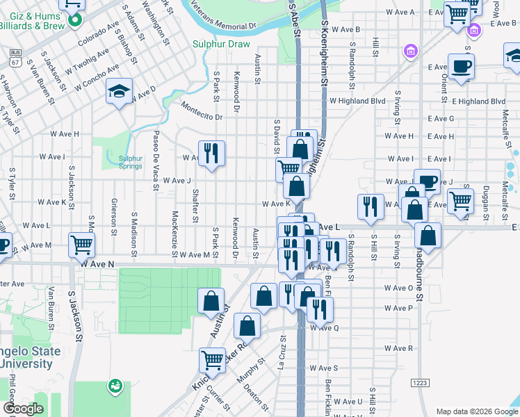 map of restaurants, bars, coffee shops, grocery stores, and more near 625 West Avenue K in San Angelo