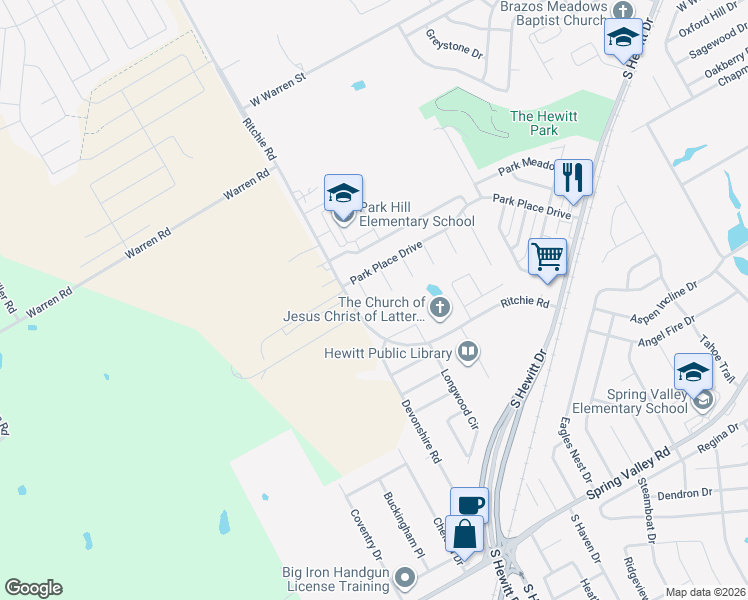 map of restaurants, bars, coffee shops, grocery stores, and more near 619 Madison Circle in Hewitt