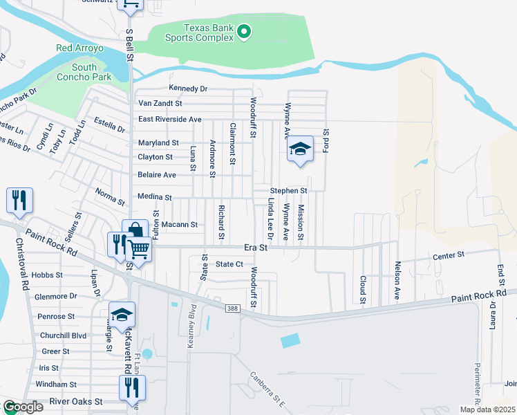 map of restaurants, bars, coffee shops, grocery stores, and more near 1502 Woodruff Street in San Angelo