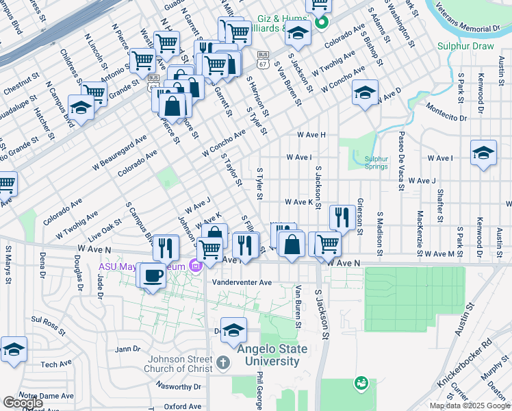 map of restaurants, bars, coffee shops, grocery stores, and more near 1439 South Tyler Street in San Angelo