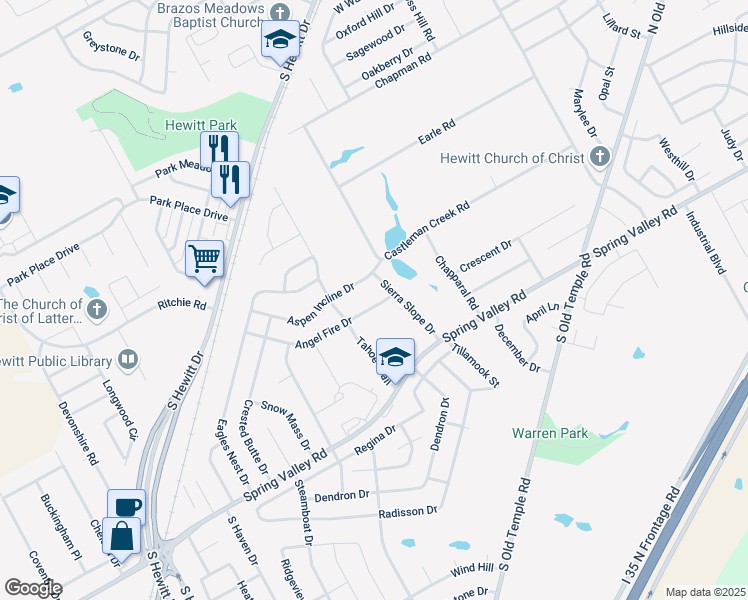 map of restaurants, bars, coffee shops, grocery stores, and more near 508 Angel Fire Drive in Hewitt