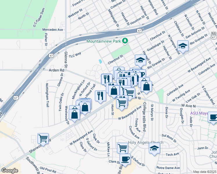 map of restaurants, bars, coffee shops, grocery stores, and more near 299 Horn Street in San Angelo