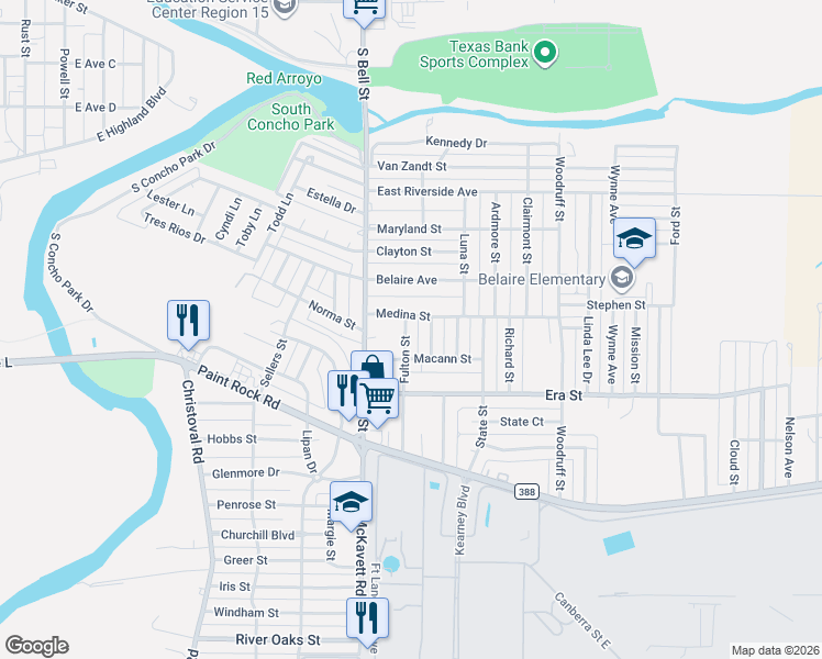 map of restaurants, bars, coffee shops, grocery stores, and more near 1310 Fulton Street in San Angelo