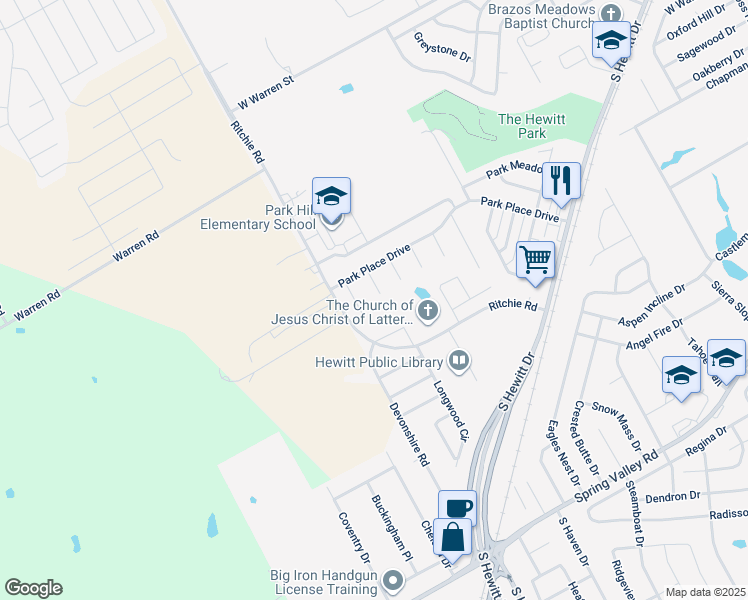 map of restaurants, bars, coffee shops, grocery stores, and more near 619 Madison Circle in Hewitt