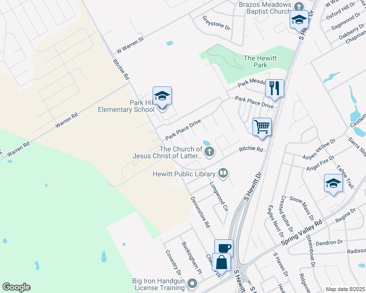 map of restaurants, bars, coffee shops, grocery stores, and more near 619 Madison Circle in Hewitt
