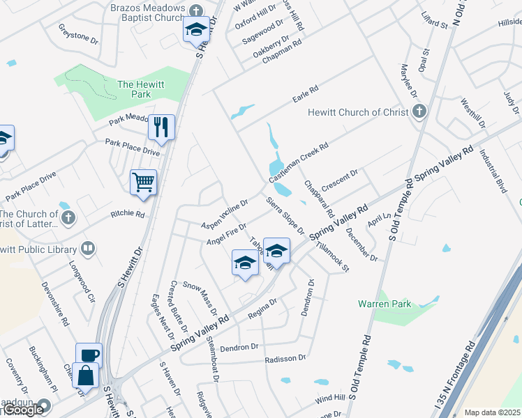 map of restaurants, bars, coffee shops, grocery stores, and more near 505 Angel Fire Drive in Hewitt