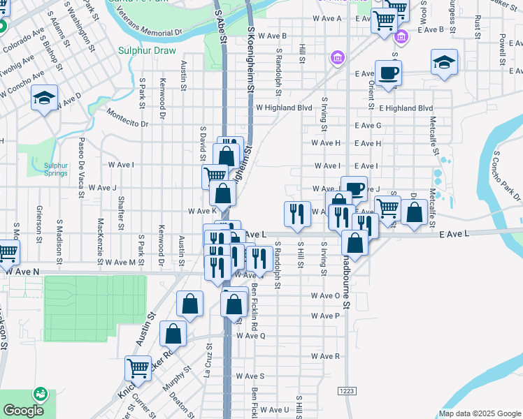 map of restaurants, bars, coffee shops, grocery stores, and more near 234 West Avenue L in San Angelo
