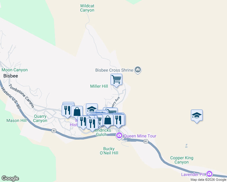 map of restaurants, bars, coffee shops, grocery stores, and more near 216 C Miller Hill in Bisbee