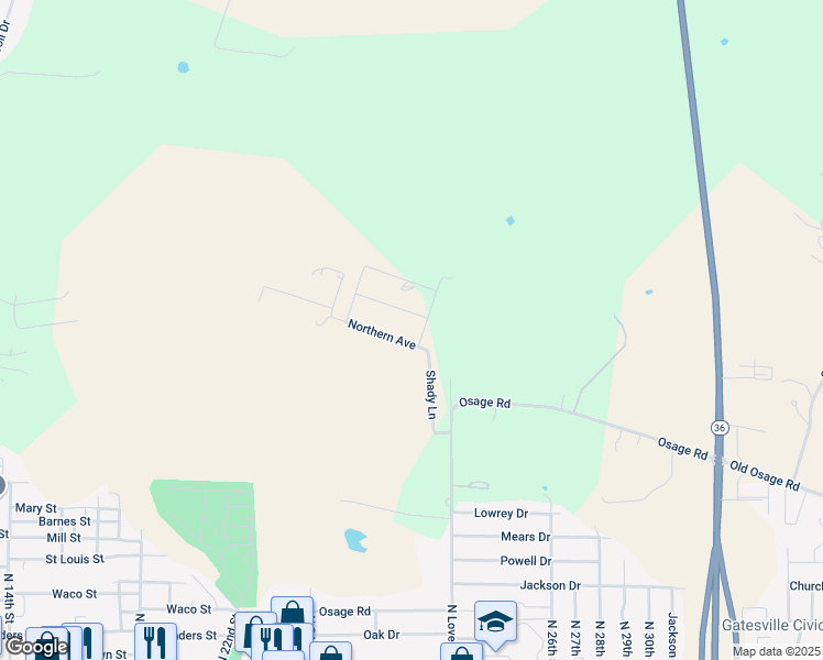 map of restaurants, bars, coffee shops, grocery stores, and more near 104 Northern Avenue in Gatesville