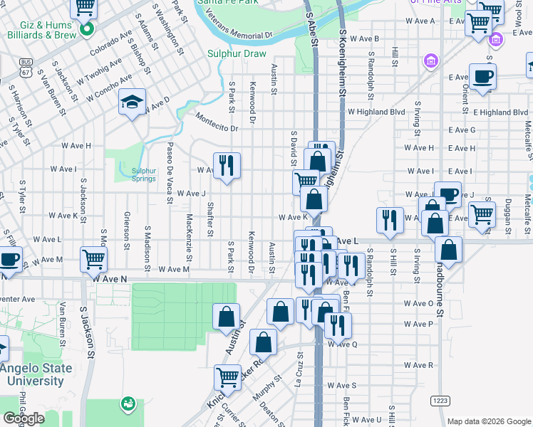 map of restaurants, bars, coffee shops, grocery stores, and more near 625 West Avenue K in San Angelo