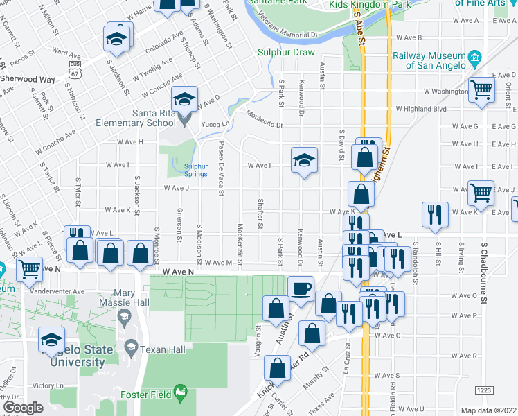 map of restaurants, bars, coffee shops, grocery stores, and more near 1425 Shafter Street in San Angelo
