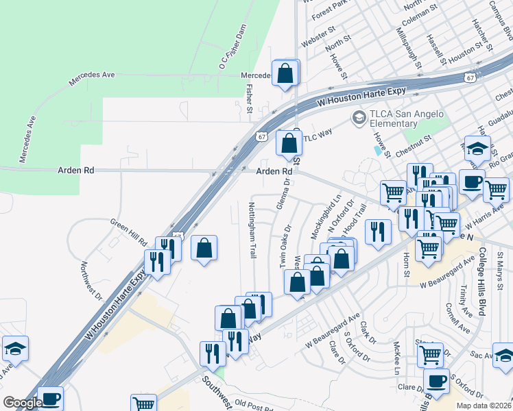 map of restaurants, bars, coffee shops, grocery stores, and more near 300 Nottingham Trail in San Angelo