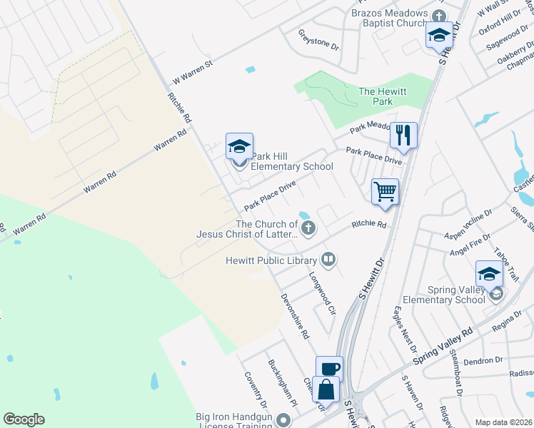map of restaurants, bars, coffee shops, grocery stores, and more near 619 Madison Circle in Hewitt