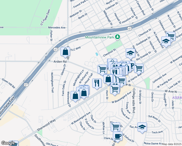 map of restaurants, bars, coffee shops, grocery stores, and more near 3433 Arden Road in San Angelo