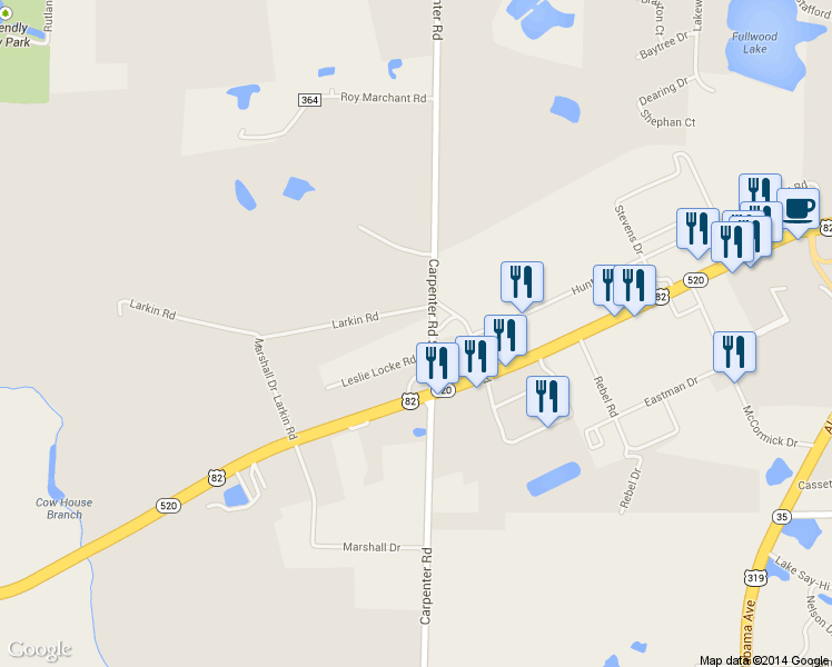 map of restaurants, bars, coffee shops, grocery stores, and more near 1702 Carpenter Road South in Tifton
