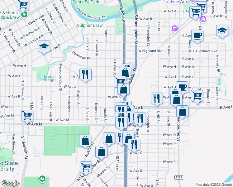 map of restaurants, bars, coffee shops, grocery stores, and more near 501-599 West Ave K in San Angelo