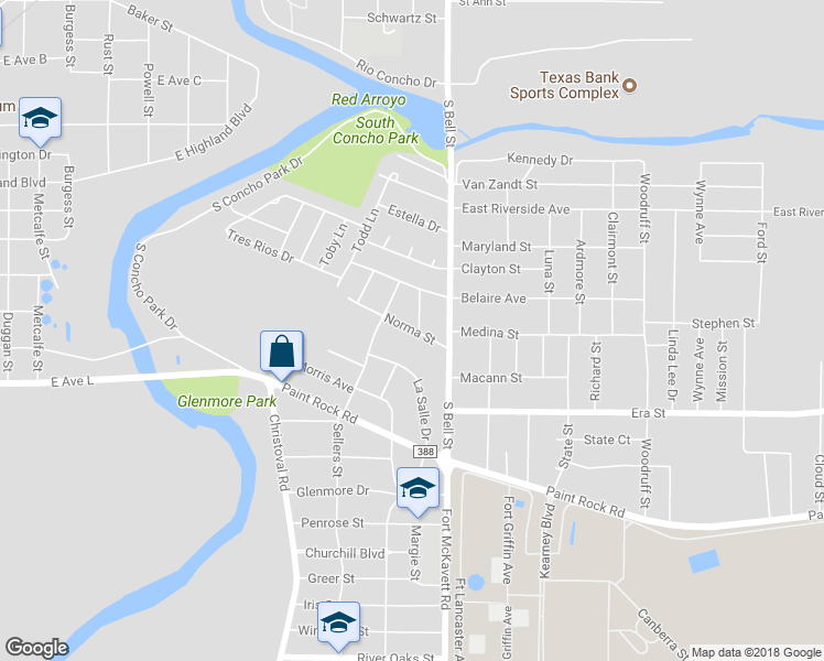 map of restaurants, bars, coffee shops, grocery stores, and more near 109 Norma Street in San Angelo
