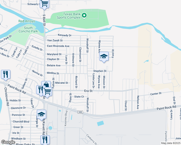 map of restaurants, bars, coffee shops, grocery stores, and more near 1502 Woodruff Street in San Angelo