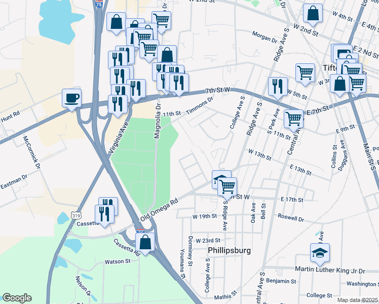 map of restaurants, bars, coffee shops, grocery stores, and more near 401 Cypress Avenue in Tifton